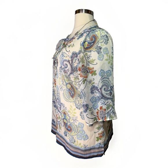 Liz Claiborne Blouse Women’s Size 1X White Multi Paisley Print Top 3/4 Sleeves - Picture 4 of 11